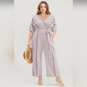 Bloomchic Geometric Contrast Dolman Sleeve Pocket Belted Wrap Jumpsuit - Mauve